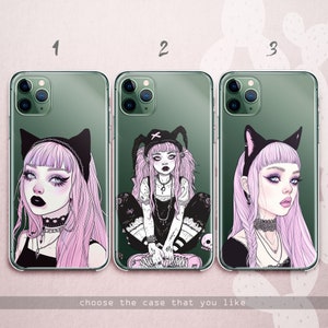 Emo Girl iPhone 15 14 13 12 11 x xr xs case Sad Aesthetic Galaxy 24 23 22 21 20 10 5G Kawaii Anime Goth Google Pixel 8 7 6 5 Pink and Black image 3