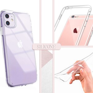 Pu&ograve; includere: Custodia per telefono trasparente con design in silicone. La custodia &egrave; progettata per proteggere il telefono da graffi e urti. La custodia &egrave; mostrata su un telefono con il retro viola.