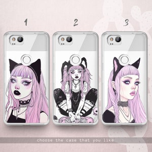 Emo Girl iPhone 15 14 13 12 11 x xr xs case Sad Aesthetic Galaxy 24 23 22 21 20 10 5G Kawaii Anime Goth Google Pixel 8 7 6 5 Pink and Black image 9