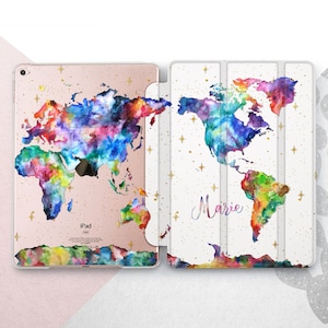 Wasserfarben Karte iPad 10.9 10.5 10.2 Smartcover / Welt Name iPad Mini 7 6 Air 5 Hülle / Wanderlust Pro 13 12.9 11 9.7 2024 A2437 Travel Cover