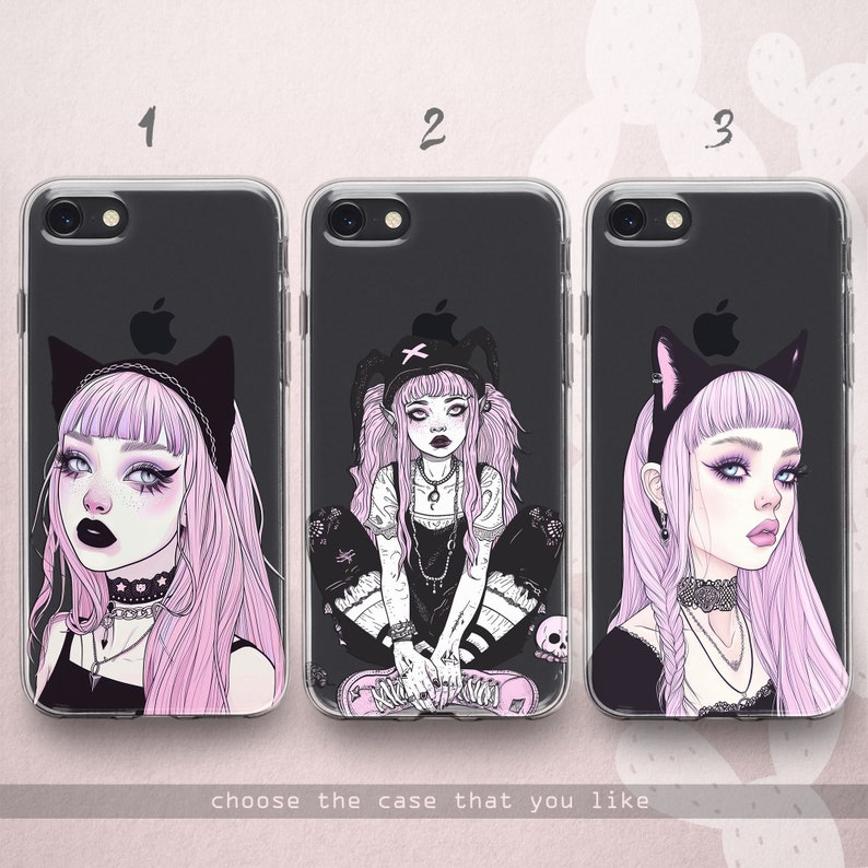 Emo Girl iPhone 15 14 13 12 11 x xr xs case Sad Aesthetic Galaxy 24 23 22 21 20 10 5G Kawaii Anime Goth Google Pixel 8 7 6 5 Pink and Black image 6