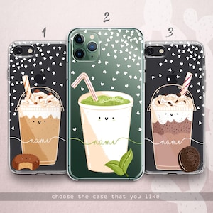 Cute Coffee iPhone 16 15 14 13 12 Case / Custom Name Samsung 24 23 22 / Matcha Drink Clear Personalized Cover / Sweet Google Pixel 9 8 7 XL