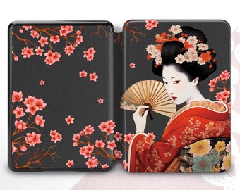 May include: A black and red geisha-themed e-reader case with a floral design. The case features a geisha holding a fan with cherry blossoms in the background.