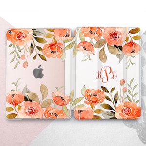 Orange Rose iPad 10th 9th Cover / Flowers Monogram Mini 7 6 Air 5 4 3 Case / Personalized Initials iPad Pro 13 12.9 11 / iPad 10.9 10.5 10.2