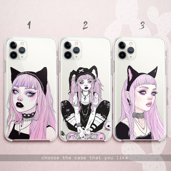 Emo Girl iPhone 15 14 13 12 11 x xr xs case Sad Aesthetic Galaxy 24 23 22 21 20 10 5G Kawaii Anime Goth Google Pixel 8 7 6 5 Pink and Black