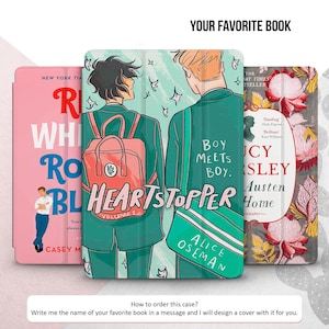 May include: A phone case with a graphic design of two boys in school uniforms. The text on the case reads "Boy Meets Boy" and "Heartstopper".