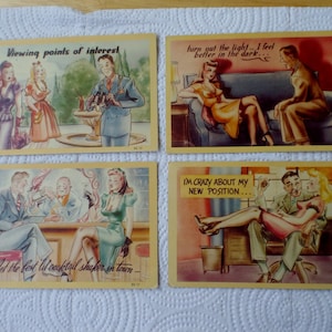 4 Different Pin Up Girl Vintage 1940&#39;s Set of 4 Risque Sexy Humor Cartoon Postcards Unused