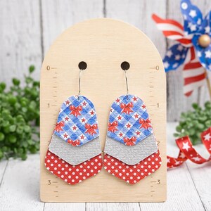 Faux Leather Patriotic Earrings • Red White Blue Layered Earrings • Handmade Statement Earrings • Summer USA Jewelry • Bow Earrings