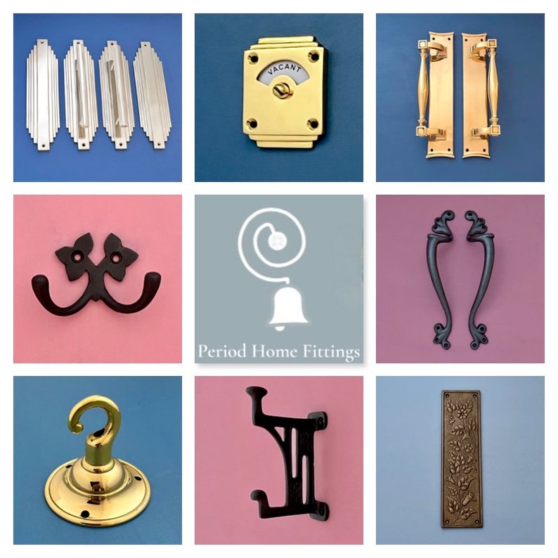 May include: A collage of various antique-style hardware, including door handles, hooks, and a door knocker. The hardware is made of brass and black metal. The image also includes the text "Period Home Fittings".
