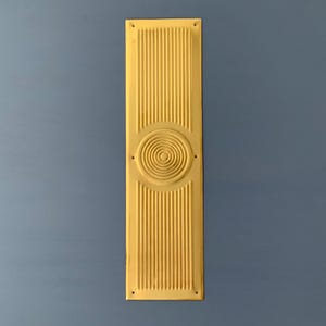 May include: A long, rectangular brass door plate with a raised, circular design in the center. The plate has vertical lines running the length of the plate.