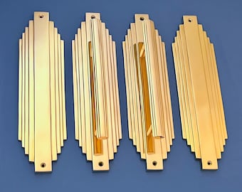 Sets Large 12&quot; Brass Art Deco Door Pull Handles + Matching Finger Push Plates Grab (MORE AVAILABLE)