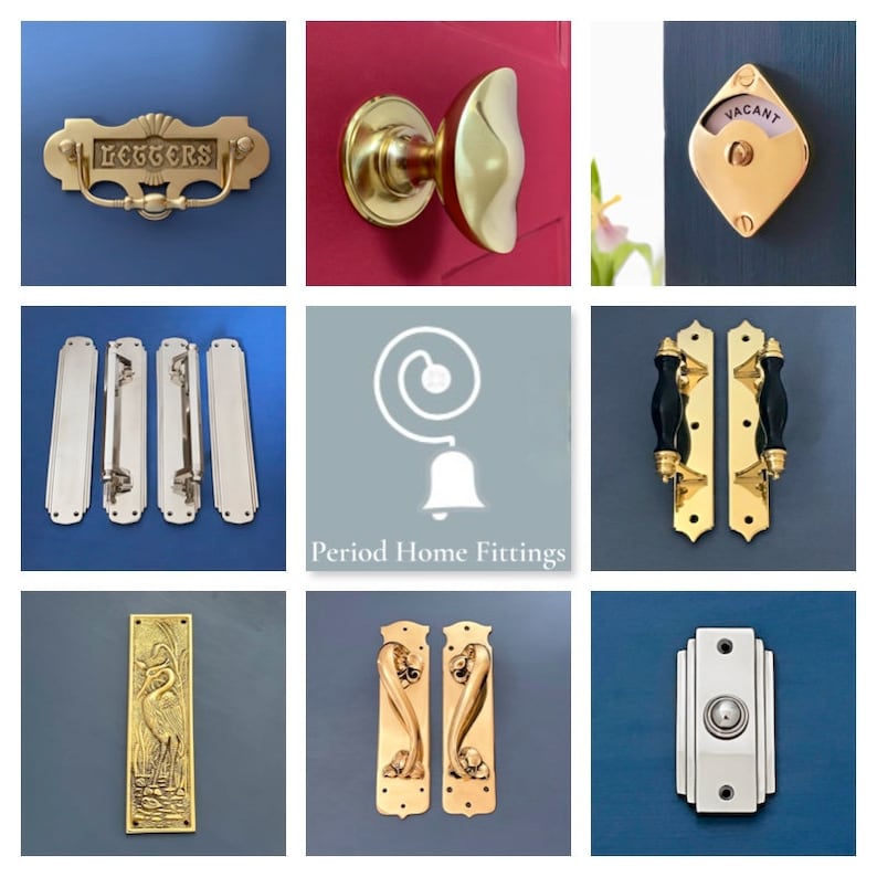 May include: A collection of antique-style door hardware, including door handles, door knobs, letter plates, and a doorbell. The hardware is made of brass and has a polished finish. The door hardware is displayed on a variety of backgrounds, including blue, red, and gray.
