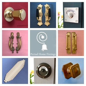 May include: A collage of nine images showcasing various door hardware, including door knobs, handles, and doorbells. The hardware is made of brass and features a variety of styles, including traditional, modern, and Art Deco. The images are arranged in a grid pattern and are set against a variety of colourful backgrounds.