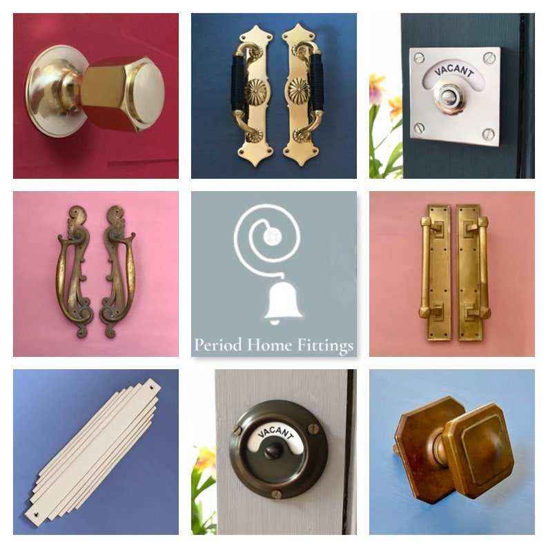 May include: A collage of nine images showcasing various door hardware, including door knobs, handles, and doorbells. The hardware is made of brass and features a variety of styles, including traditional, modern, and Art Deco. The images are arranged in a grid pattern and are set against a variety of colourful backgrounds.