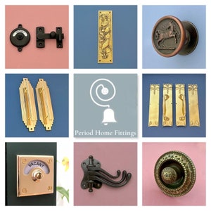 May include: A collection of antique door hardware, including door knobs, handles, and plates. The hardware is made of brass and features a variety of styles, including Art Deco, Victorian, and Arts and Crafts. The hardware is in excellent condition and would be a great addition to any home.
