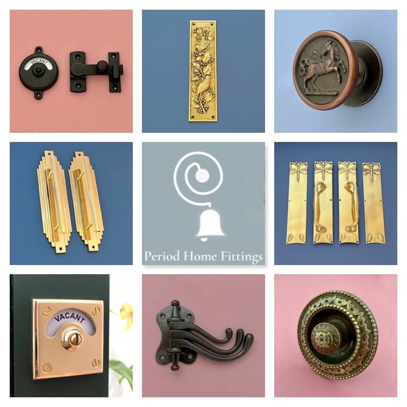 May include: A collection of antique door hardware, including door knobs, handles, and plates. The hardware is made of brass and features a variety of styles, including Art Deco, Victorian, and Arts and Crafts. The hardware is in excellent condition and would be a great addition to any home.