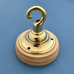 Messing Decken Haken Lampe Kronleuchter Licht Wand Patras Holzhalterung Hängekette Antik alt unbehandelt