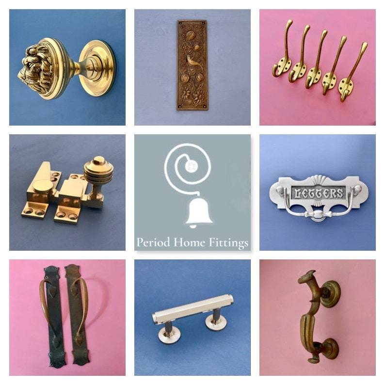May include: A collection of antique-style door hardware and home fittings, including door knobs, handles, hooks, and a letter plate. The hardware is made of brass and silver and has a polished finish. The letter plate has the word "LETTERS" engraved on it.