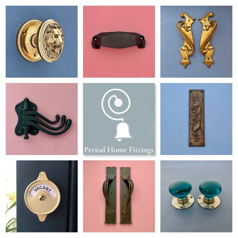 May include: A collection of antique door hardware, including door knobs, handles, hinges, and a door bell. The hardware is made of brass, bronze, and iron and features intricate designs.