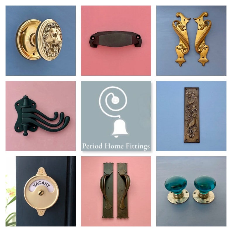 May include: A collection of antique door hardware, including door knobs, handles, and plates. The hardware is made of brass, bronze, and iron and features a variety of styles, including lion head, floral, and geometric designs.  Period Home Fittings.