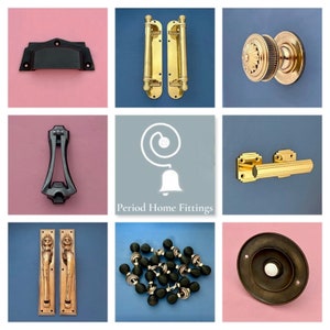 May include: A collage of various antique door hardware and fittings, including door handles, door knobs, door pulls, and a doorbell. The hardware is made of brass and black metal. The image includes the text "Period Home Fittings".