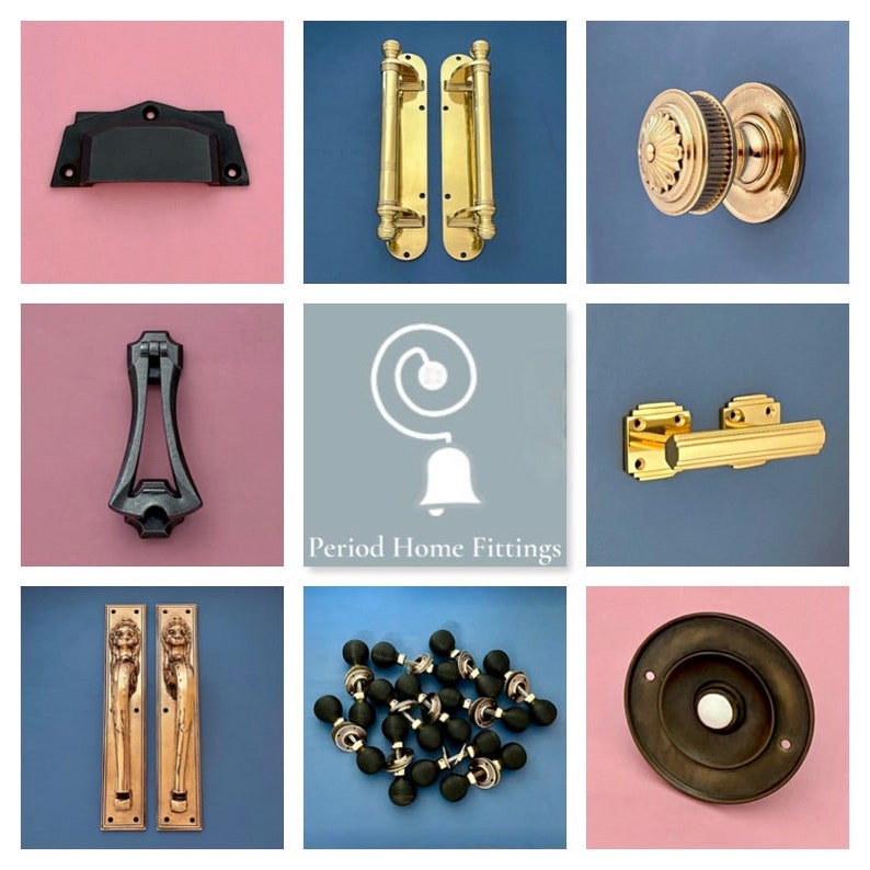 May include: A collage of various antique door hardware and fittings, including door handles, door knobs, door pulls, and a doorbell. The hardware is made of brass and black metal. The image includes the text "Period Home Fittings".
