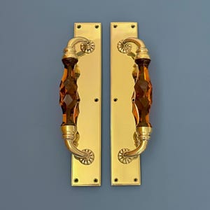May include: Two matching door handles with a gold finish and amber-colored crystal center. The handles have a curved design with decorative floral accents. The rectangular backplates are also gold. The handles are mounted on a blue background.