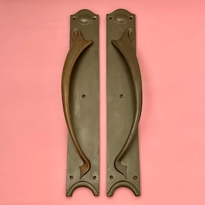Large 19" Brass Reclaimed Art Nouveau Door Pull Handles Grab Edwardian Antique Knobs vintage