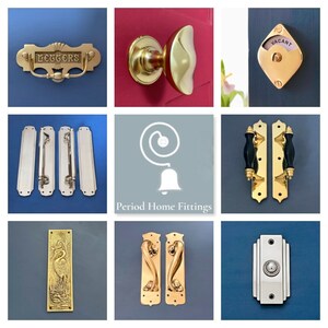 May include: A collection of antique-style door hardware, including door handles, door knobs, letter plates, and a doorbell. The hardware is made of brass and has a polished finish. The door hardware is displayed on a variety of backgrounds, including blue, red, and grey.