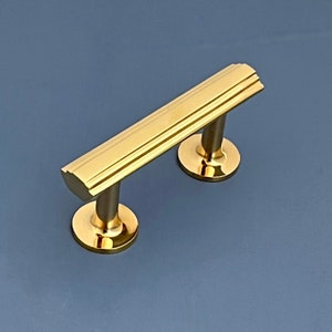 Può includere: Ferramenta per mobili in oro con una barra rettangolare e due basi rotonde. La barra presenta un design decorativo in rilievo.