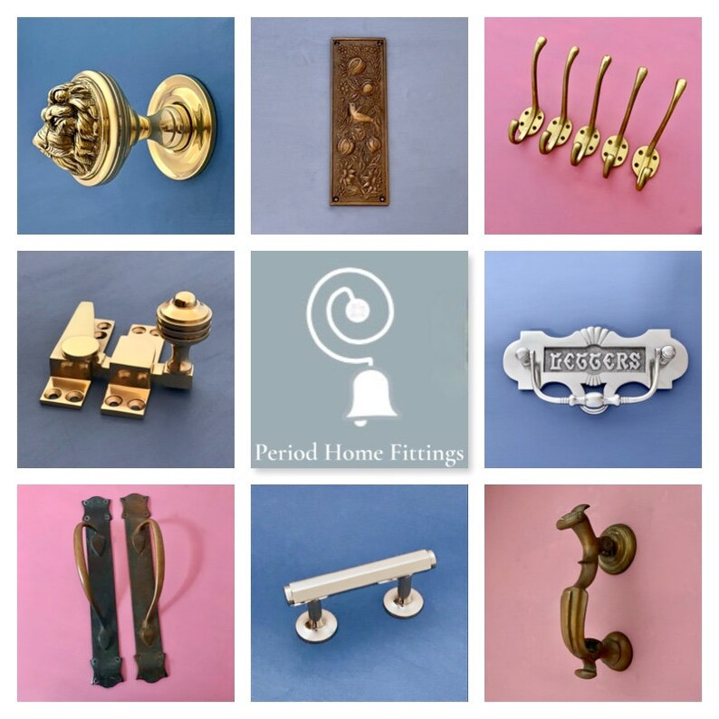 May include: A collection of antique-style door hardware and home fittings, including door knobs, handles, hooks, and a letter plate. The items are displayed on a variety of coloured backgrounds.