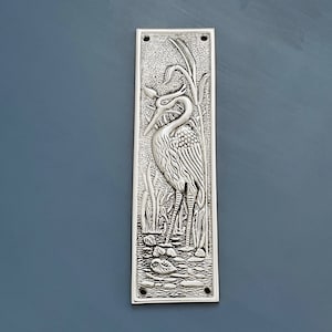 Neusilber Finger Türdruckplatten Kunsthandwerk Reiher Vogel Platte Vintage (MEHR VERFÜGBAR)