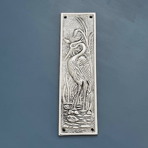 Nickel silver finger door push plates arts crafts heron bird plate vintage