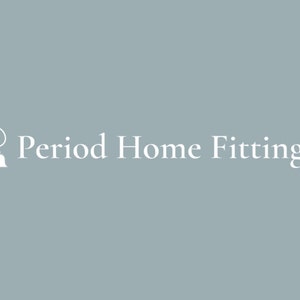 May include: A white logo on a light blue background. The logo features a stylized bell with a winding rope and the text "Period Home Fittings".