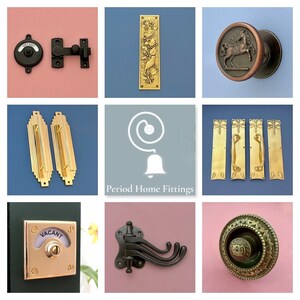 May include: A collection of antique door hardware, including door knobs, handles, plates, and a door latch. The hardware is made of brass and black metal and features various designs, including floral, geometric, and animal motifs. The hardware is displayed on a variety of backgrounds, including pink, blue, and green.