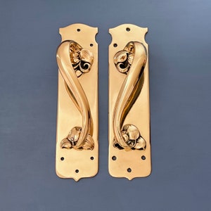 Pair Large 13" Rose Brass Reclaimed Art Nouveau Door Pull Handles Grab hotel theatre cinema Edwardian Antique Old Knobs bronze arts crafts