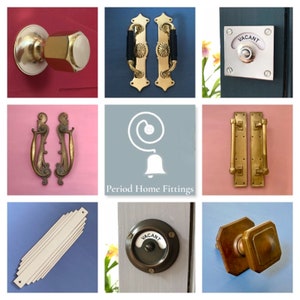 May include: A collage of nine images showcasing various door hardware, including door knobs, door handles, and doorbells. The hardware is made of brass and features a variety of styles, including traditional, modern, and Art Deco. The images are arranged in a grid pattern and are set against a variety of colourful backgrounds.