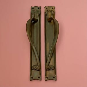 Stora 43 cm återvunna mässingsdörrhandtag i jugendstil, antika entréhandtag, vintage