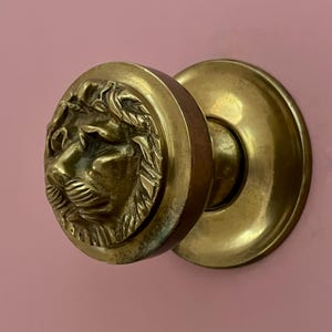 Könnte beinhalten: Ein Türknauf aus Messing mit einem detaillierten Löwenkopf-Design. Der Knauf ist rund mit einer kreisförmigen Rückplatte, und der Löwenkopf ist auf der Vorderseite erhaben. Das Metall hat eine warme, gealterte Patina. Der Hintergrund ist rosa.