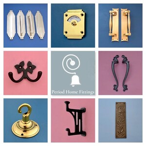 May include: A collage of various antique-style hardware, including door handles, hooks, and a door knocker. The hardware is made of brass and black metal. The image also includes the text "Period Home Fittings".