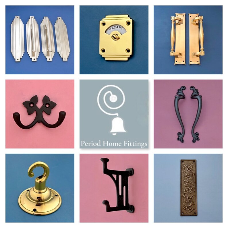 May include: A collage of various antique-style hardware, including door handles, hooks, and a door knocker. The hardware is made of brass and black metal. The image also includes the text "Period Home Fittings".