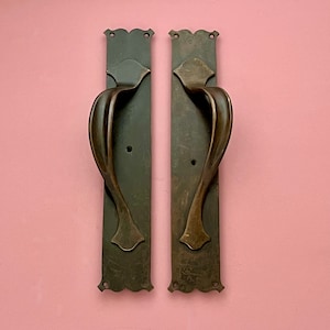 Large 12" Brass Reclaimed Art Nouveau Door Pull Handles Grab cinema Edwardian Antique Knobs