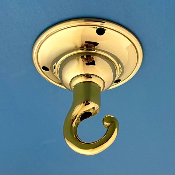 Gancio Per Lampadario A Soffitto In Ottone Lucido Con Rosa E Cinghia Di Sicurezza
