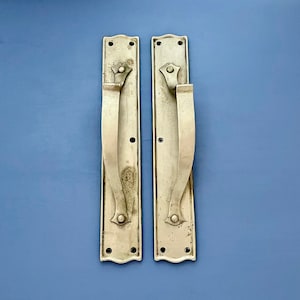 Large 14" Reclaimed Nickel Vintage Edwardian Art Nouveau Antique Door Pull Handles Grab entrance