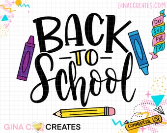 May include: A digital graphic with the words "BACK TO SCHOOL" in black script. The design includes a purple crayon, a blue crayon, and a yellow pencil. The image also includes the text "GINACREATES" and icons for file types.