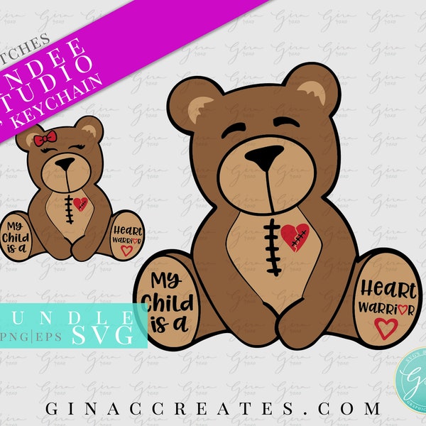 Heart Warrior bear SVG Bundle, CHD SVG, svg for 3 inch sitting bear key chain blank