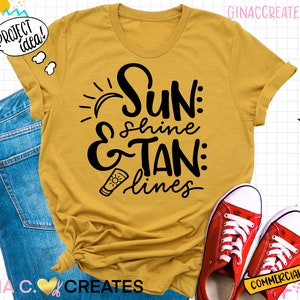 May include: A yellow t-shirt with the text "Sun: shine & Tan: lines" in black. The text is in a handwritten style. A small sun and a tube of sunscreen are also included in the design.