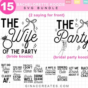 Pu&ograve; includere: Un pacchetto SVG in bianco e nero per addii al nubilato. Il design include il testo "The Wife of the Party" e "The Party", insieme ad altre frasi. L'immagine include anche un anello di diamanti e un bicchiere da martini.