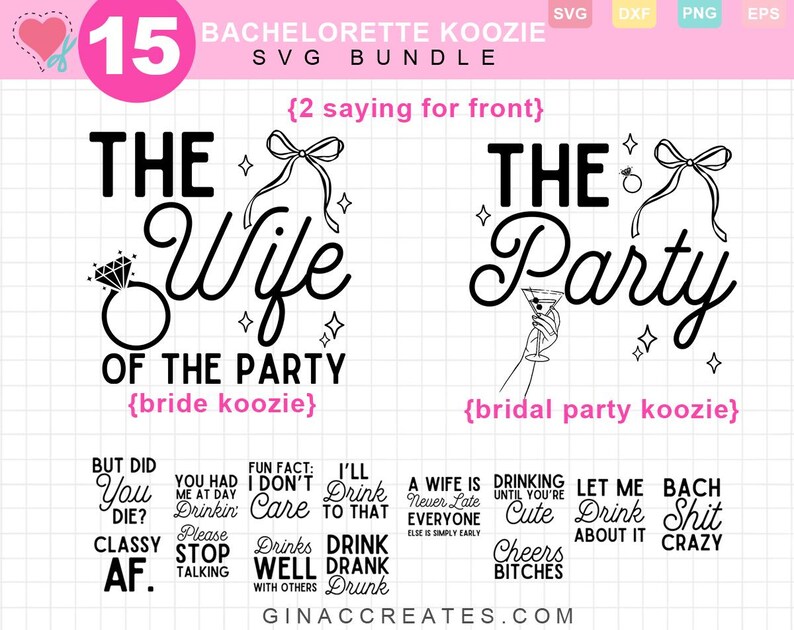 Pu&ograve; includere: Un pacchetto SVG in bianco e nero per addii al nubilato. Il design include il testo "The Wife of the Party" e "The Party", insieme ad altre frasi. L'immagine include anche un anello di diamanti e un bicchiere da martini.