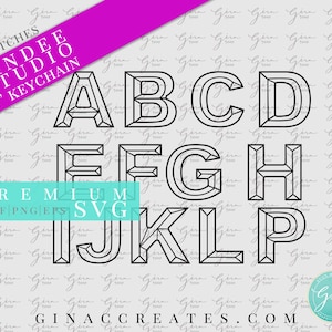 Pode incluir: Contorno preto e branco das letras do alfabeto A a P em estilo geométrico. As letras têm 7,6 cm de altura e são etiquetadas como um chaveiro. O texto "MATCHES ZINDEE STUDIO 3" KEYCHAIN" está no canto superior esquerdo da imagem. O texto "PREMIUM DXF/PNG/EPS SVG" está no canto inferior esquerdo da imagem. O texto "GINACCREATES.COM" está no centro inferior da imagem.